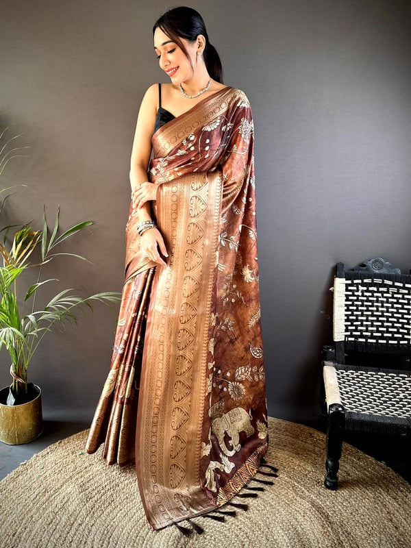 Chocolate Brown Soft Silk Animal Bandhej Saree