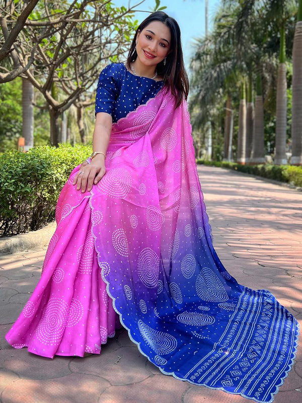 Fuchsia Pink Pure Satin Georgette Ombre Bandhej Print Saree