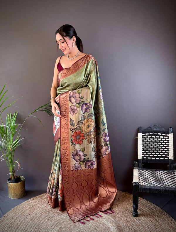 Olive Green Chitranshi Digital Print Saree