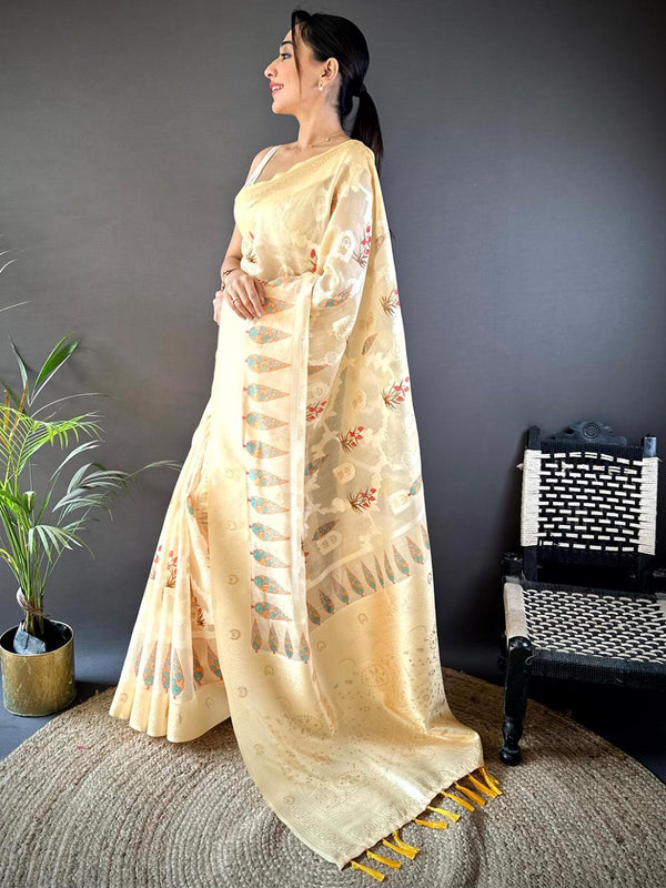 Pearl Cream Lakhani Cotton Kalamkari Print Saree