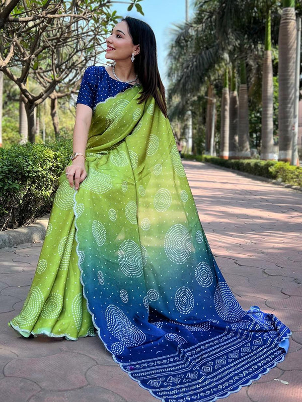 Olive Green Pure Satin Georgette Ombre Bandhej Print Saree