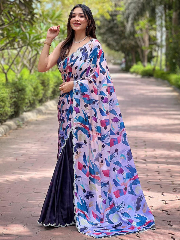 Pastel Purple Georgette Batik & Polka Dots Print Saree