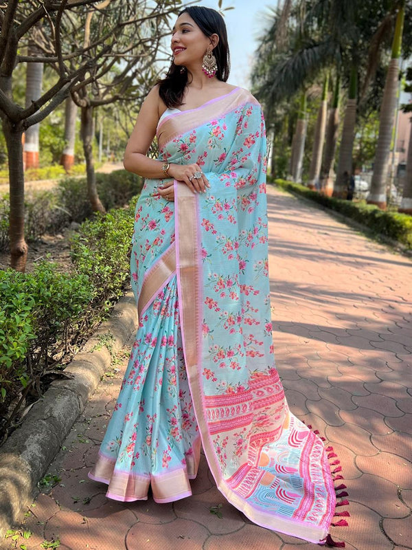 Light Blue Digital Water Floral Print & Zari Weaving Border Saree