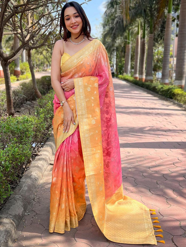 Yellow With Pink Slub Silk Resham Tassels Saree