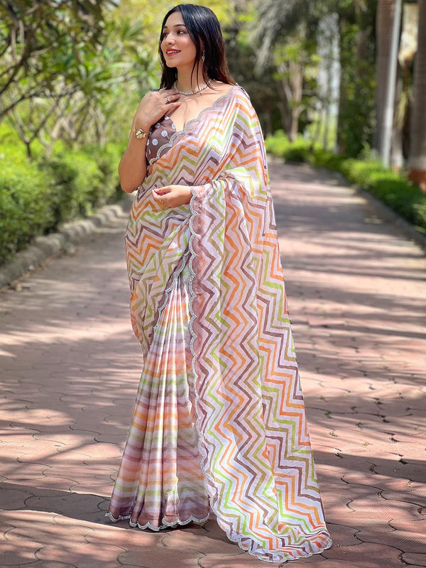 Chocolate Brown Leheriya Printed Diamond Zarkand StoneWork Saree