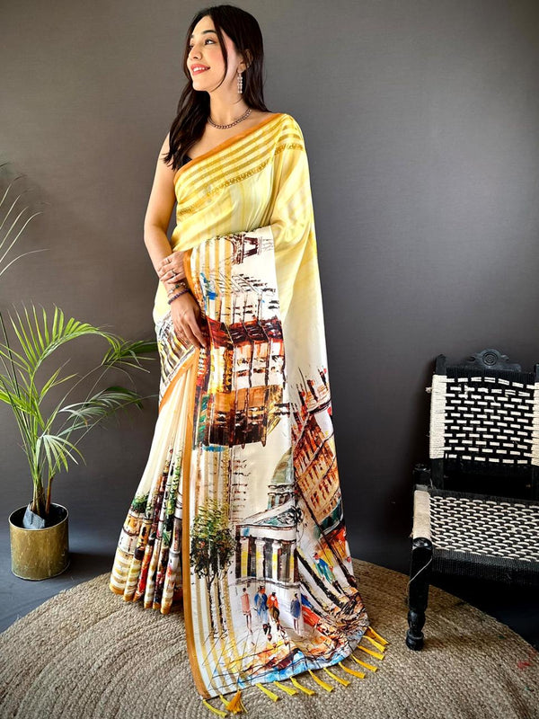 Light Yellow Japanese Freehand Digital Print Soft Silk Saree