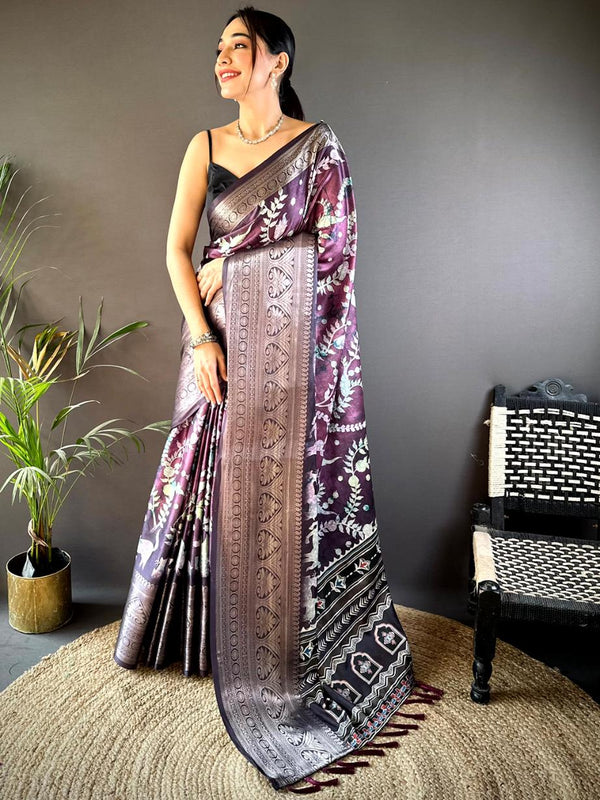 Faded Purple Floral Animal Batik Soft Silk Saree