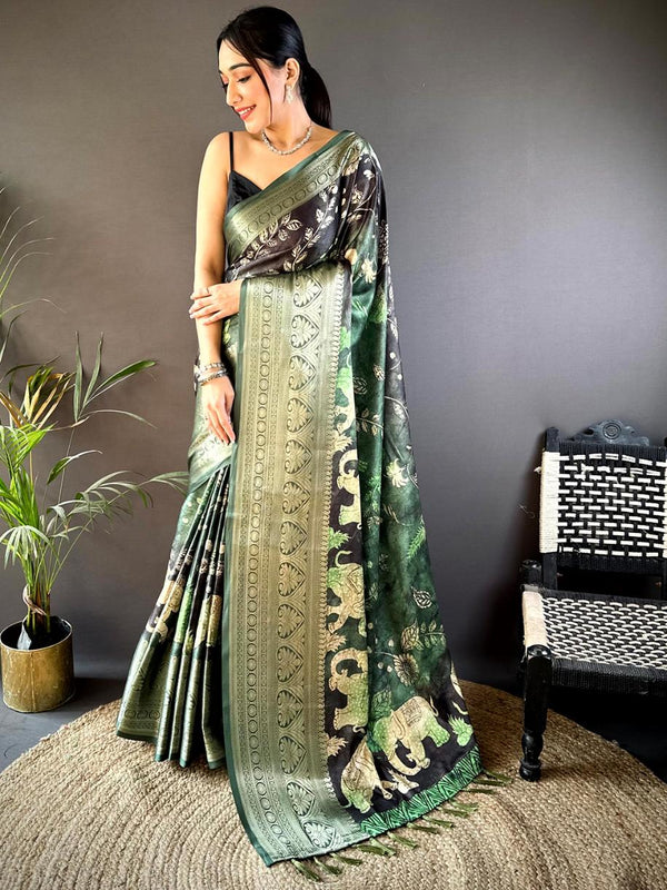 Slate Green Soft Silk Animal Bandhej Saree