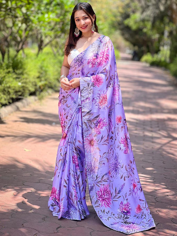 Pastel Purple Georgette Floral Digital Print Stonework Saree