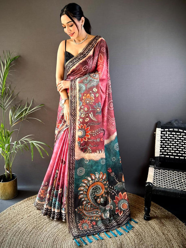 Warm Pink Cotton Jari Tissue Bandhej Kalamkari Printed Saree