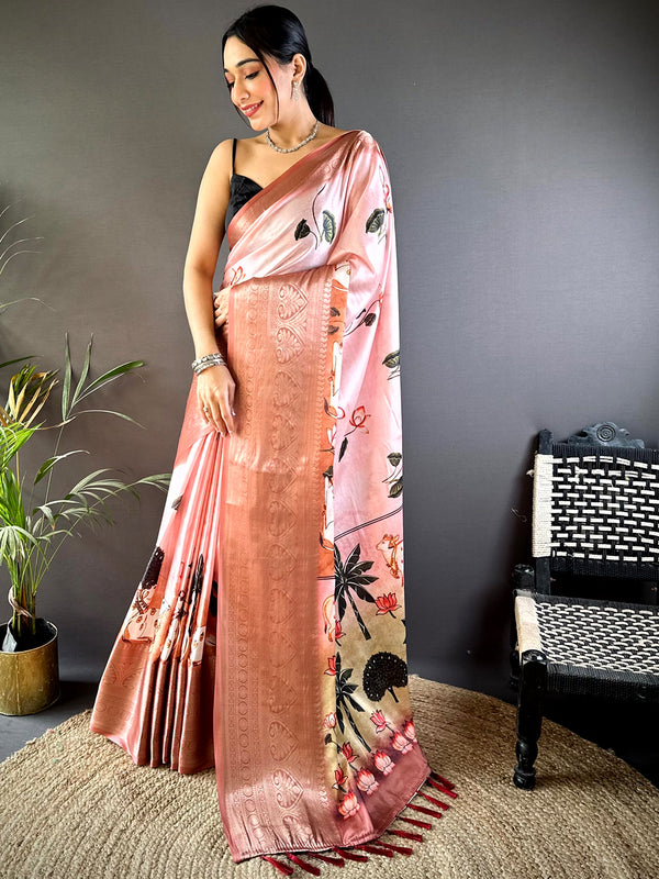 Pastel Pink Soft Silk Floral Ombre Print Saree