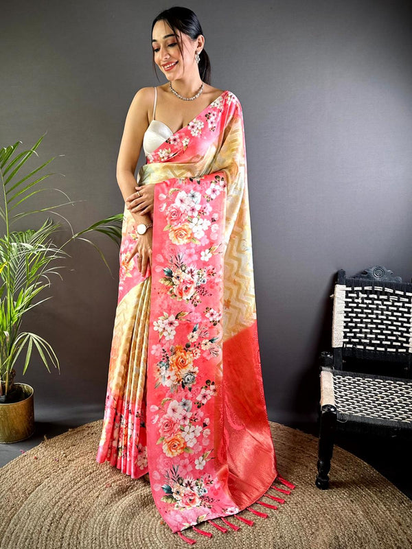 Salmon Pink Zari Zigzag Kota Doriya Saree