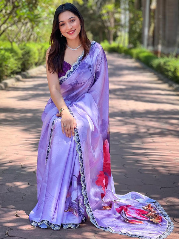 Light Purple Satin Georgette Flower Print Saree