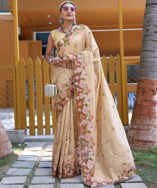 Crimson cream silk saree - PAHRAVA