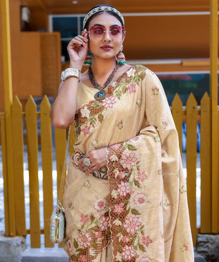 Crimson cream silk saree - PAHRAVA