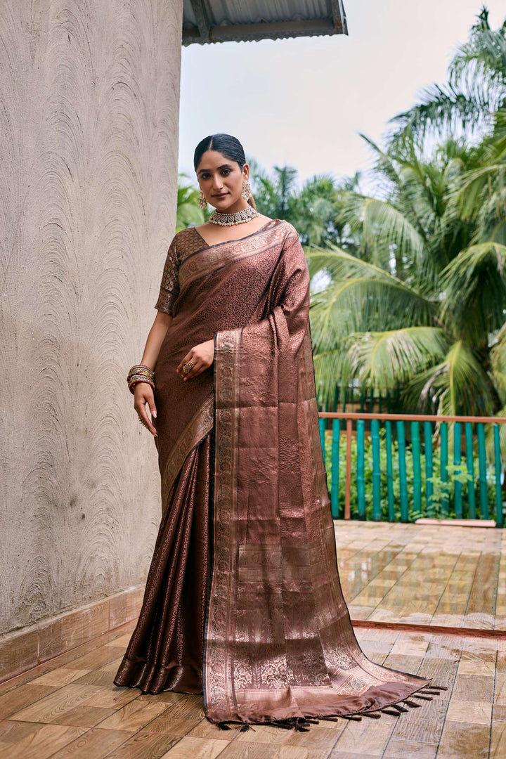 Chocolate Brown Soft Kubera Dharmavaram Pattu Saree - PAHRAVA