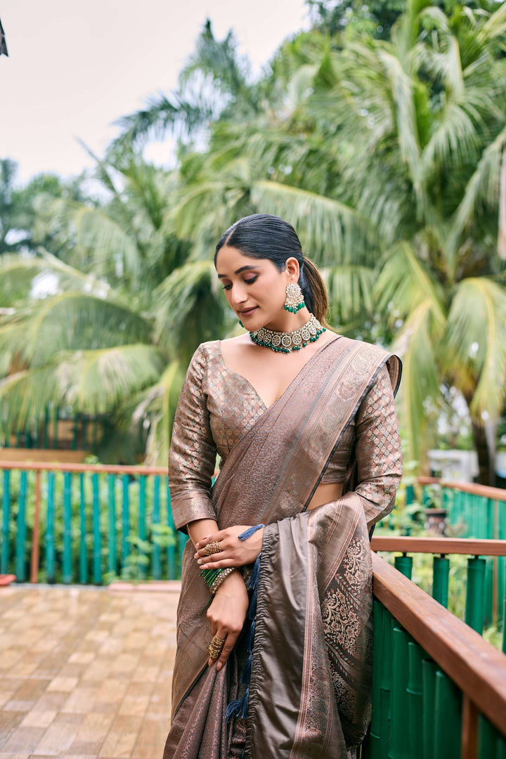 Silver Grey Soft Kubera Dharmavaram Pattu Saree - PAHRAVA