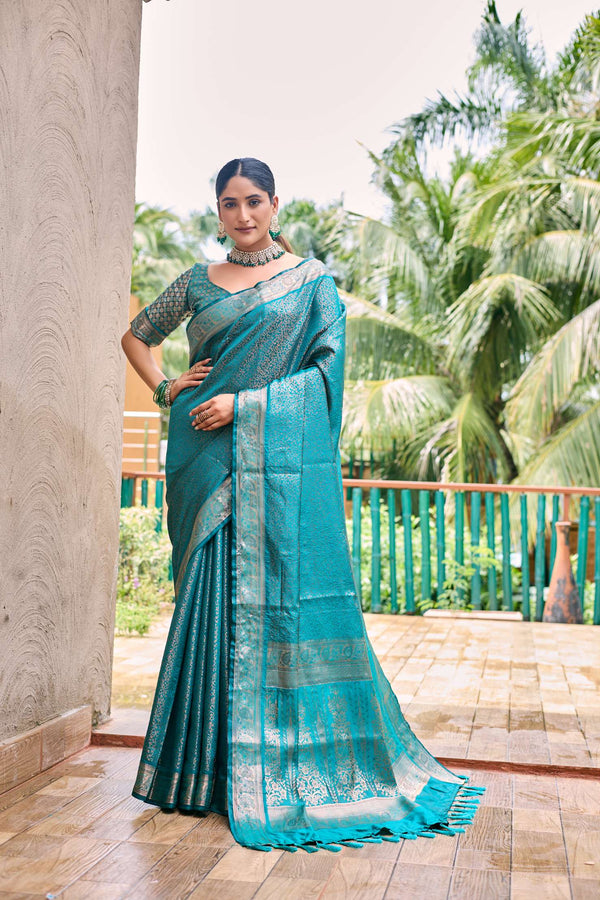 Sky Blue Soft Kubera Dharmavaram Pattu Saree - PAHRAVA