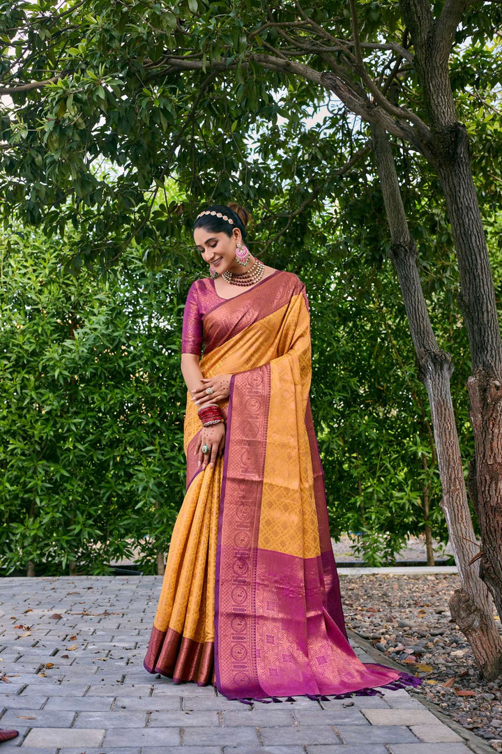 Mustard Yellow Kubera Pattu Kanjivaram Silk Saree - PAHRAVA