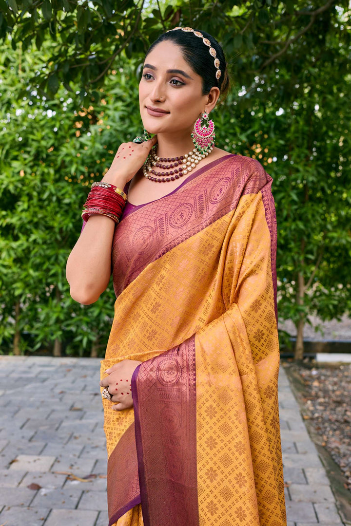 Mustard Yellow Kubera Pattu Kanjivaram Silk Saree - PAHRAVA