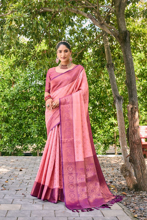 Plum Peach Kubera Pattu Kanjivaram Silk Saree - PAHRAVA