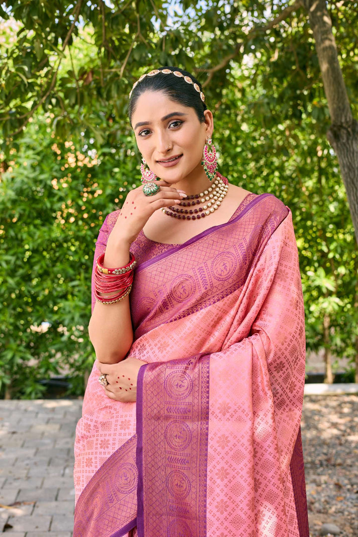 Plum Peach Kubera Pattu Kanjivaram Silk Saree - PAHRAVA