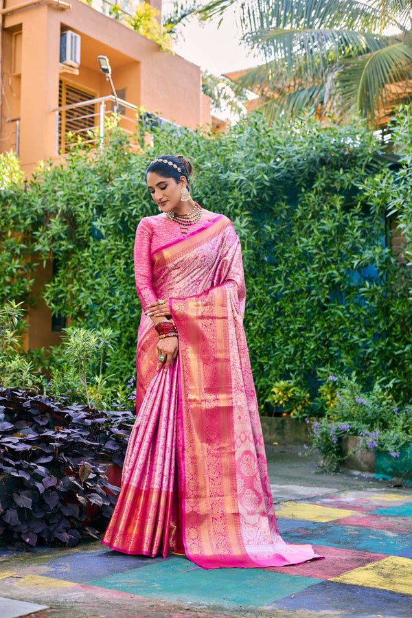 Rose Pink Banarasi Handloom Tissue Silk Saree - PAHRAVA