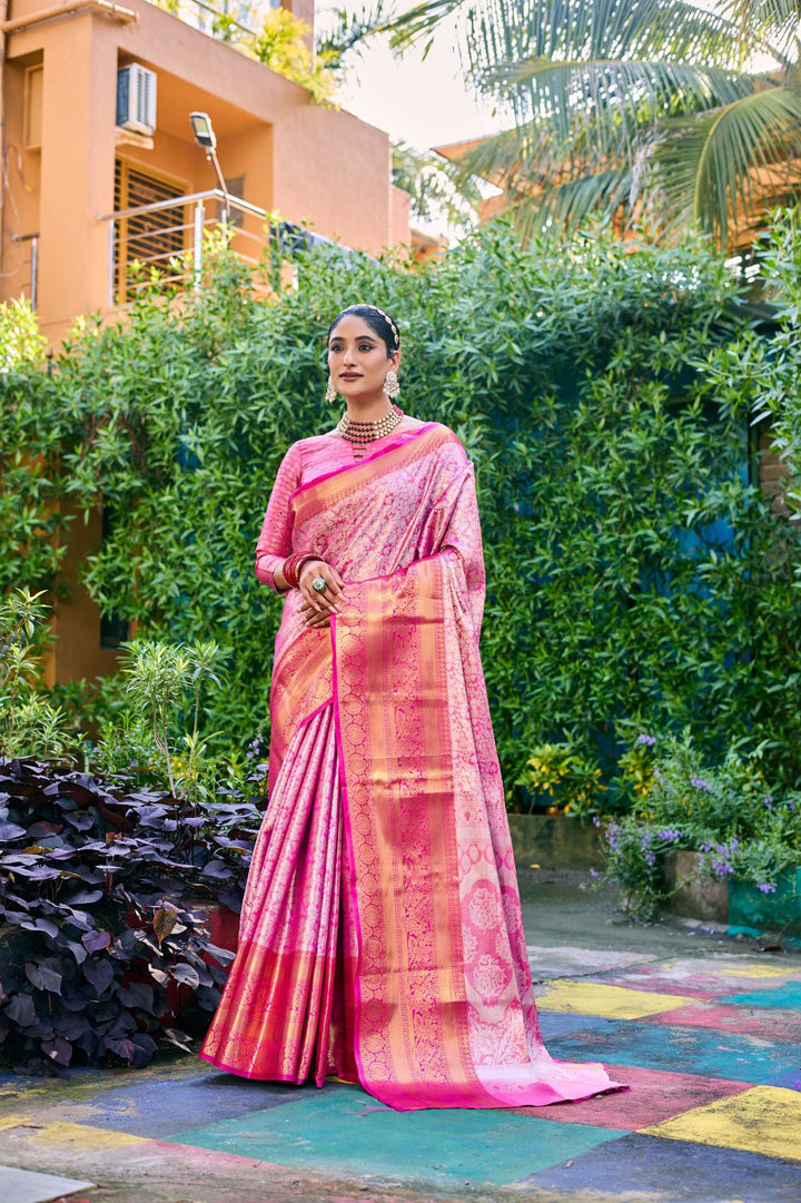 Rose Pink Banarasi Handloom Tissue Silk Saree - PAHRAVA