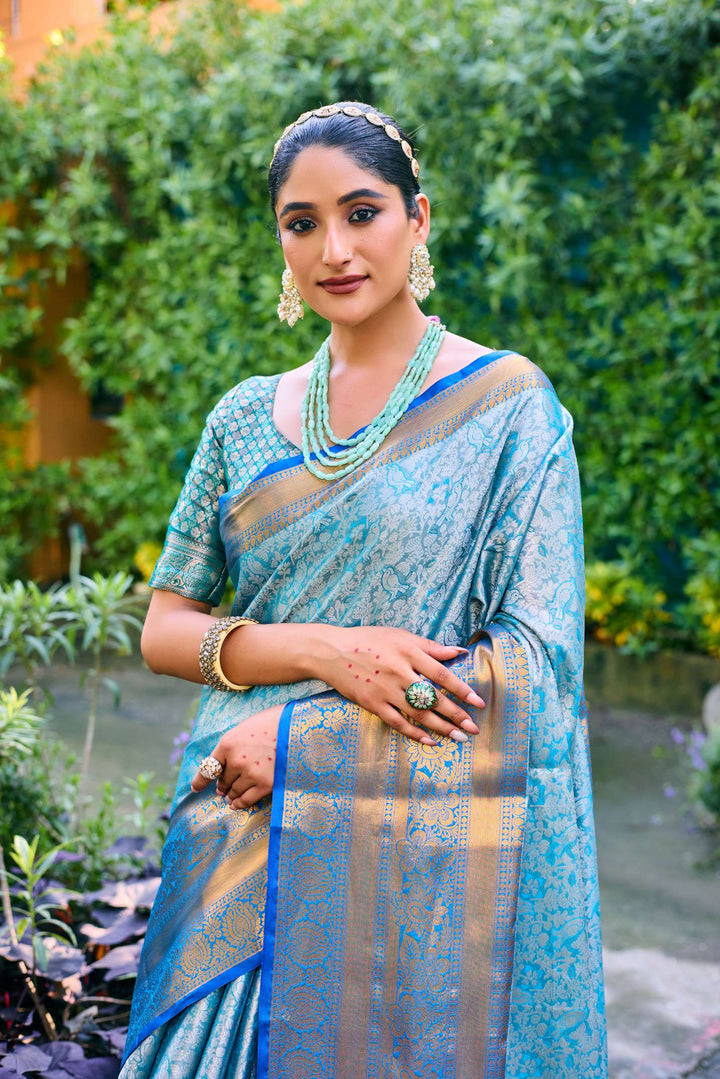 Bright Blue Banarasi Handloom Tissue Silk Saree - PAHRAVA