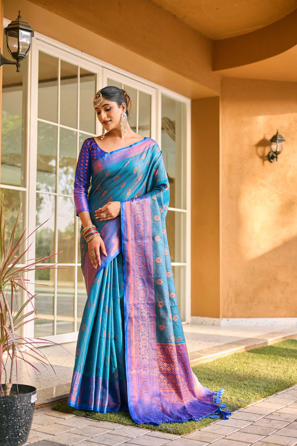 Sea Blue Kanchi Silk Saree - PAHRAVA