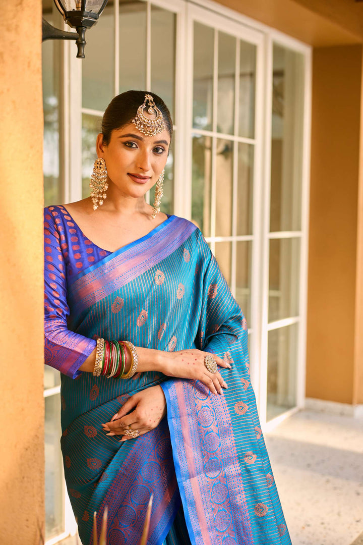 Sea Blue Kanchi Silk Saree - PAHRAVA