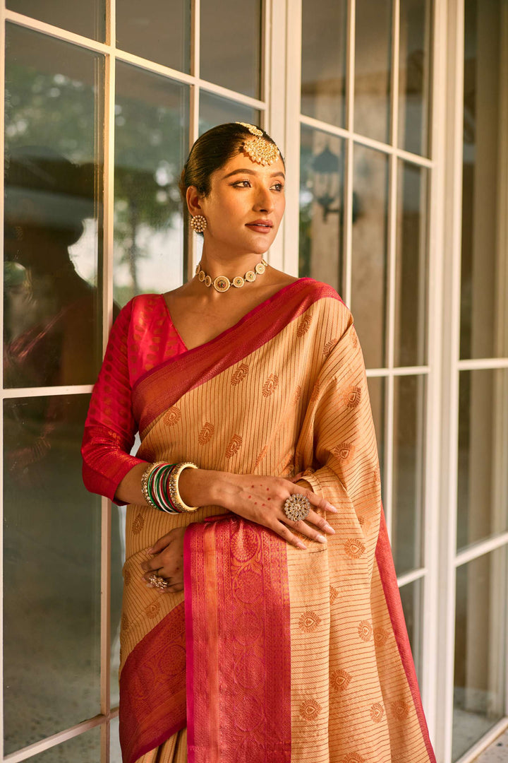 Almond Cream Kanchi Silk Saree - PAHRAVA