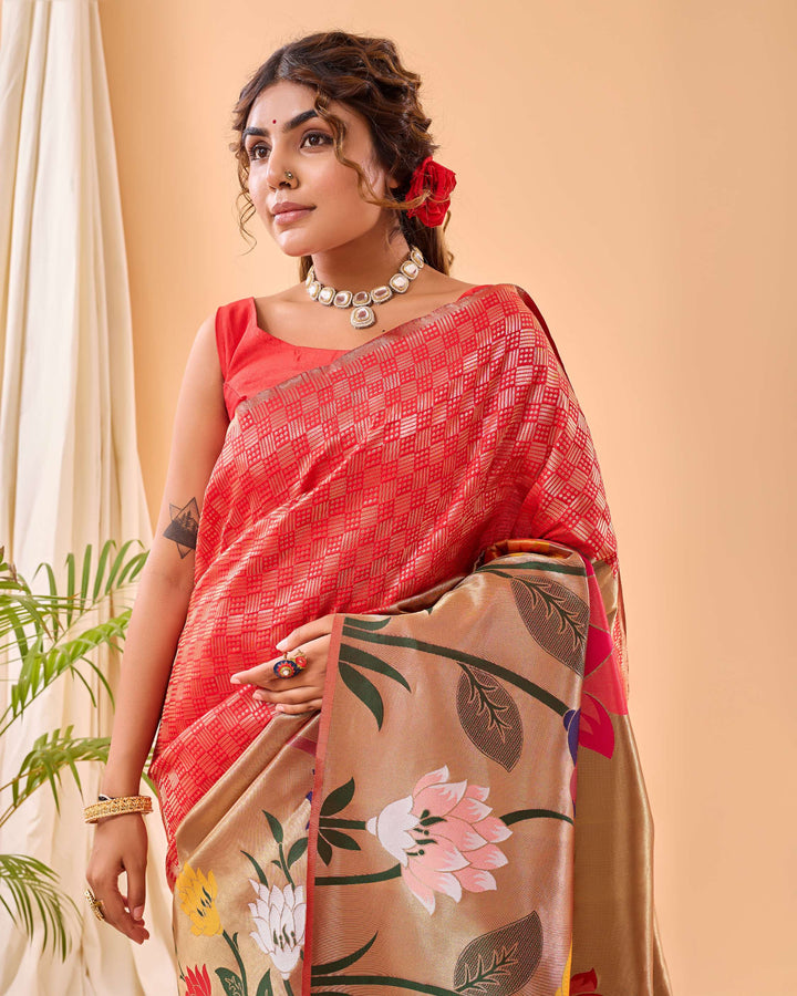 Tan Orange Paithani Silk Saree - PAHRAVA