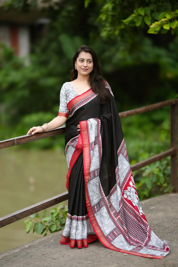 Bright Black Soft Pashmina Cotton Saree.