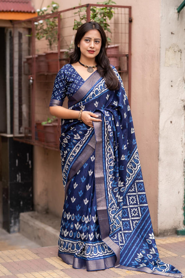 Royal Blue Soft Silk Slub Woven Saree.