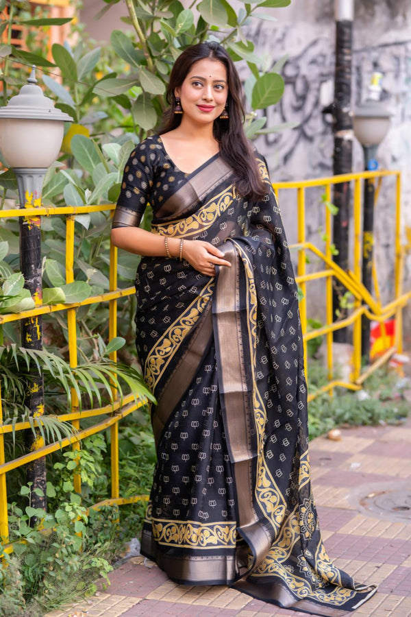 Bold Black Soft Slub Cotton Saree.