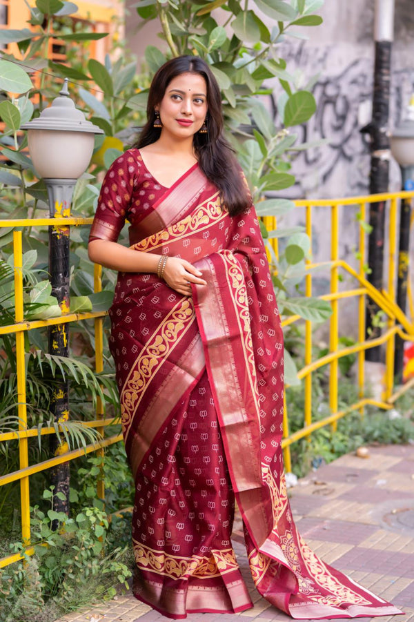 Bright Maroon Soft Slub Cotton Saree.