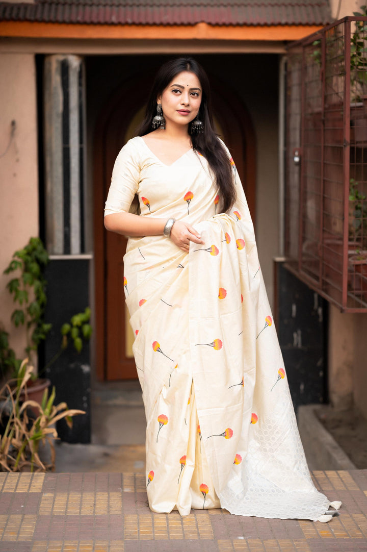 Pearl Cream Soft Silk Saree With Woven Rose Allover - PAHRAVA