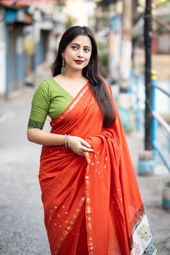 Sunrise Orange Soft Pure Chanderi Cotton Saree With Allover Hand Typed Bhandani Designs - PAHRAVA