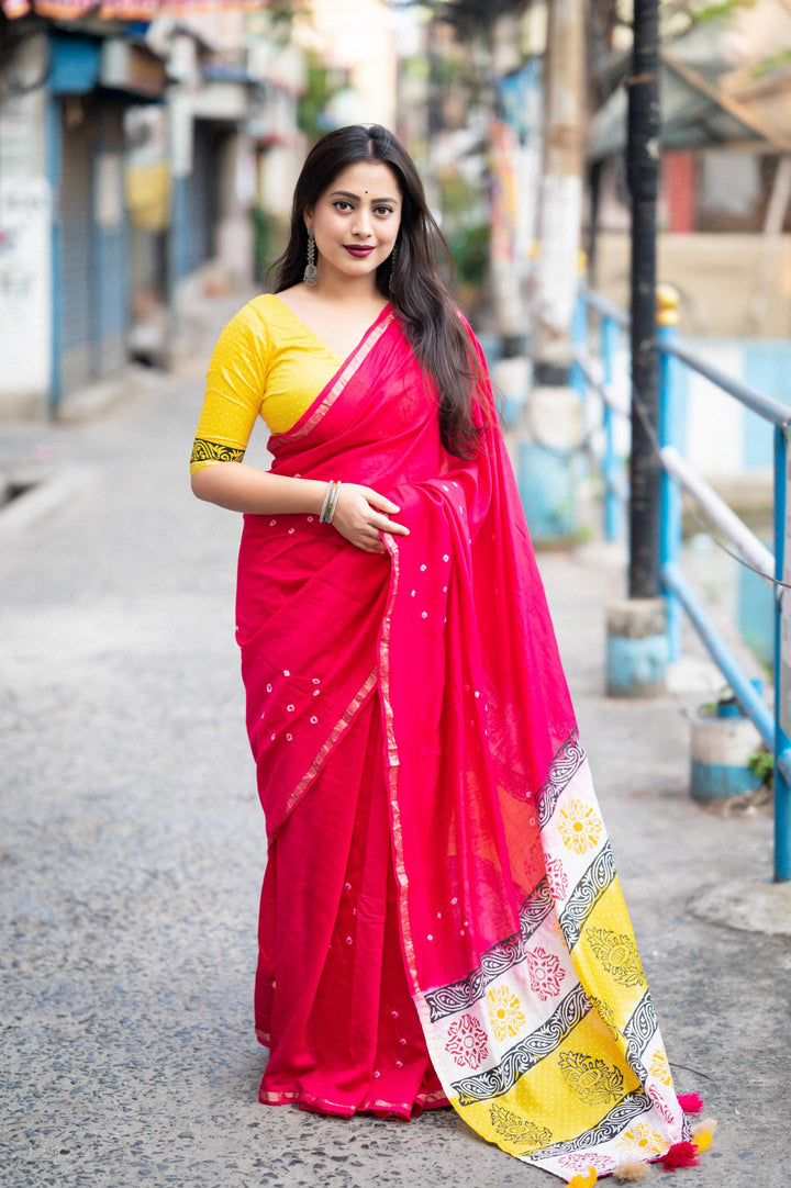 Deep Pink Soft Pure Chanderi Cotton Saree With Allover Hand Typed Bhandani Designs - PAHRAVA