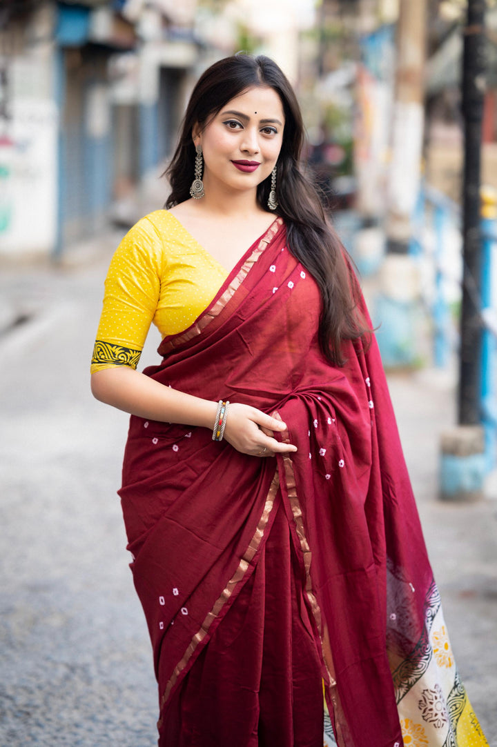 Dark Magenta Soft Pure Chanderi Cotton Saree With Allover Hand Typed Bhandani Designs - PAHRAVA