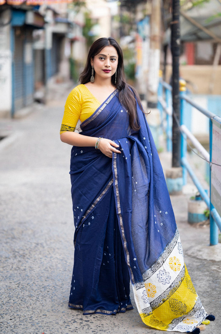 Royal Blue Soft Pure Chanderi Cotton Saree With Allover Hand Typed Bhandani Designs - PAHRAVA