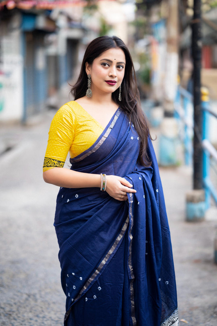 Royal Blue Soft Pure Chanderi Cotton Saree With Allover Hand Typed Bhandani Designs - PAHRAVA