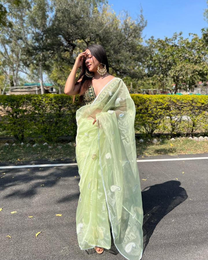 Light Olive Green Organza Silk With Gotta And Resam Thread Work Saree - PAHRAVA