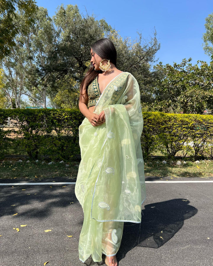 Light Olive Green Organza Silk With Gotta And Resam Thread Work Saree - PAHRAVA