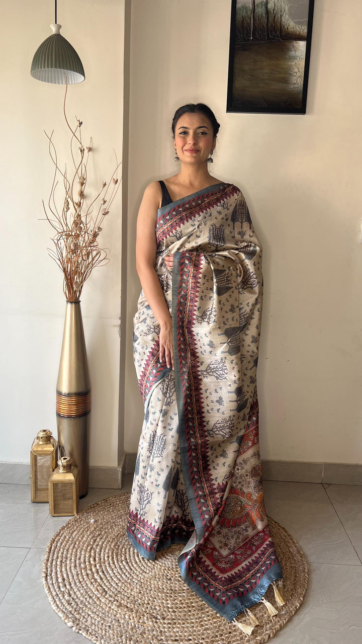 Off White With Grey Border Soft Silk Saree with Tribal and Kalamkari Prints - PAHRAVA