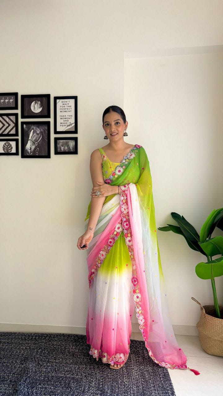 Green With White Multicolor Sequence Work And Embroidery Work With Arca Cutting Saree - PAHRAVA