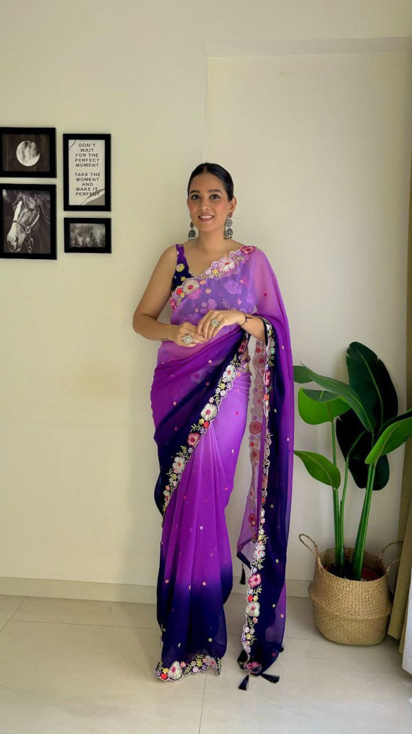 Navy Blue With Purple Multicolor Sequence Work And Embroidery Work With Arca Cutting Saree - PAHRAVA