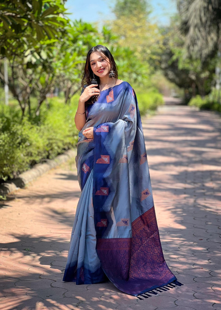 Bluish Grey pure Kanjivaram pattu full zari silk saree with a super rich grand Meena pallu - PAHRAVA