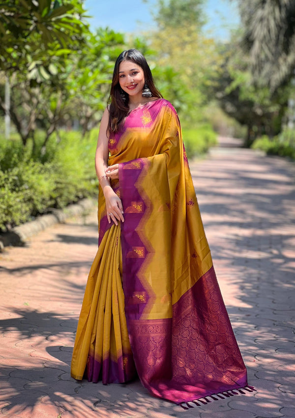 Mustard Yellow pure Kanjivaram pattu full zari silk saree with a super rich grand Meena pallu - PAHRAVA